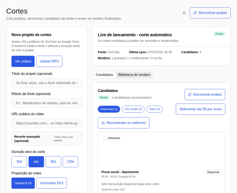 Tela real do módulo de cortes da Lyl, transformando vídeo longo em Reels