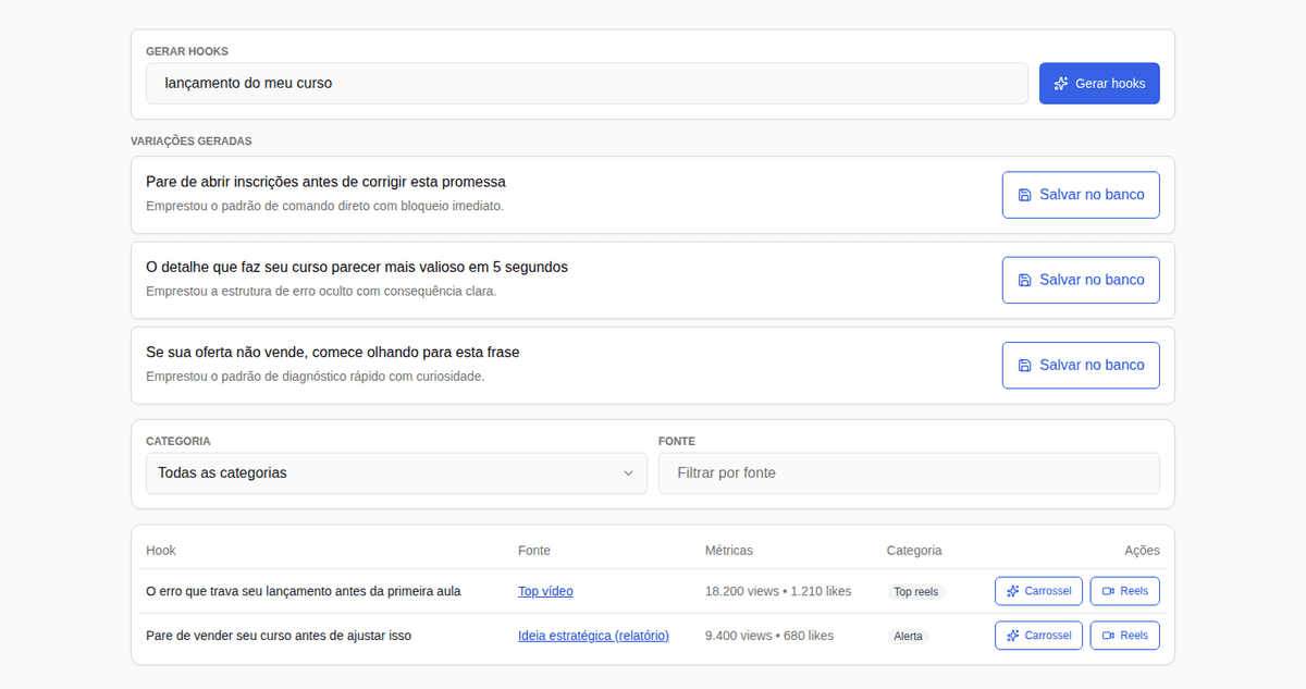 Tela real da Lyl gerando ganchos a partir de conteúdos que performam no nicho