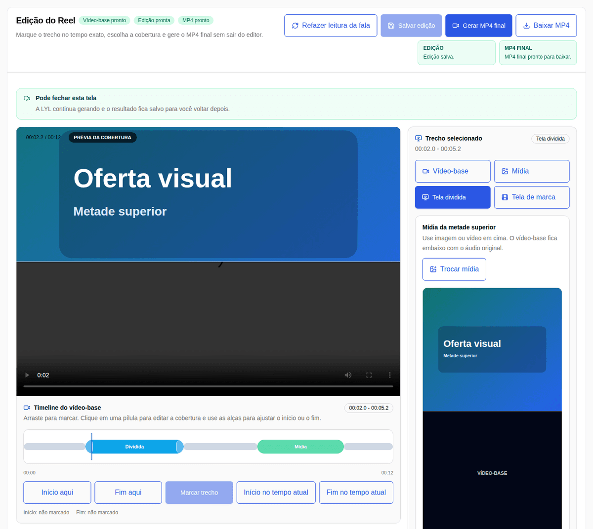 Tela real do editor de Reels da Lyl, com prévia e linha do tempo para ajustes